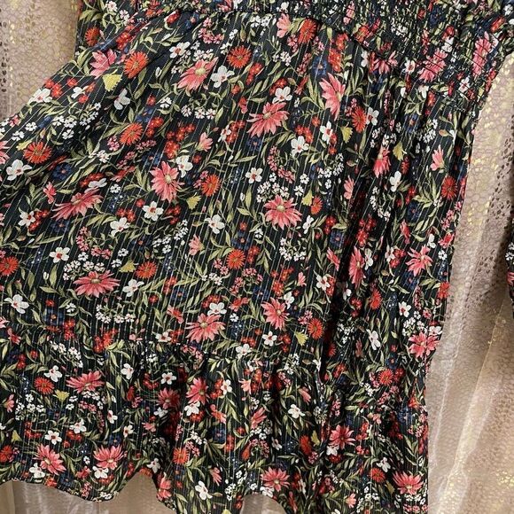 Old Navy Black Floral Gold Stripe Waist-Defined Shine Mini Dress Small Tall NWT - Picture 4 of 10